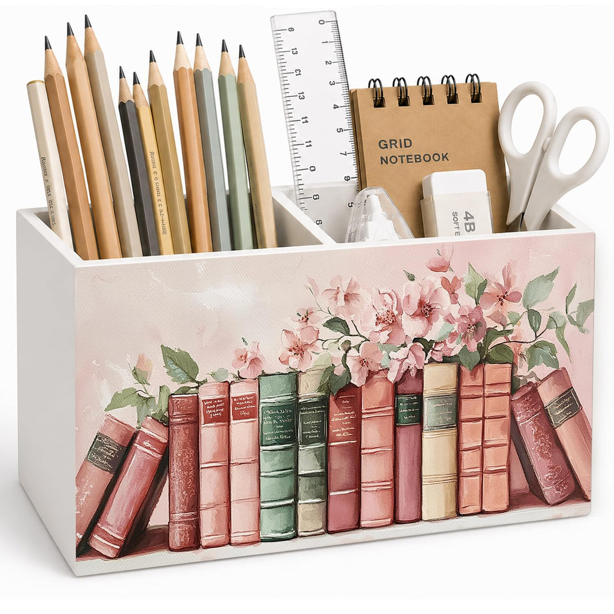 Lacama Spring Tulip Floral Pen Pencil Holder for Desk, Tulip Flower Botanical Sage Green Floral Pretty Cottagecore Pencil Holders Wooden Box Organizer for Home Office Bedroom Desk Tabletop