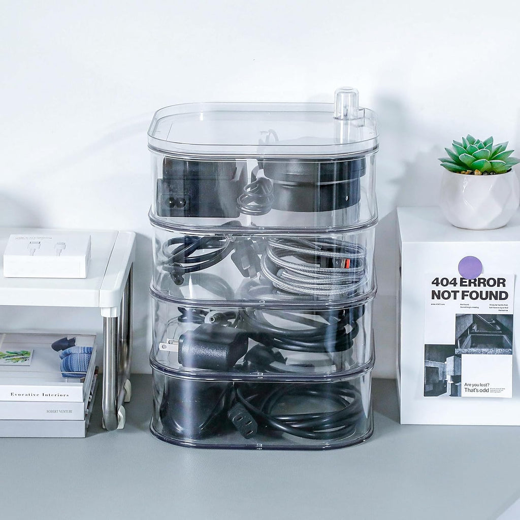 Large Charger Cable Storage Box with Lid, 4-Tiers, Clear