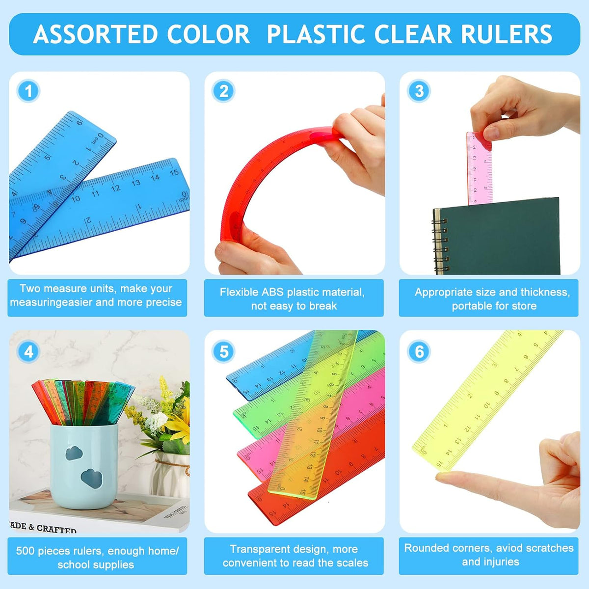 Zonon 100 Pcs 6 Inch Plastic Rulers Flexible Dual,Colorful, Transparent