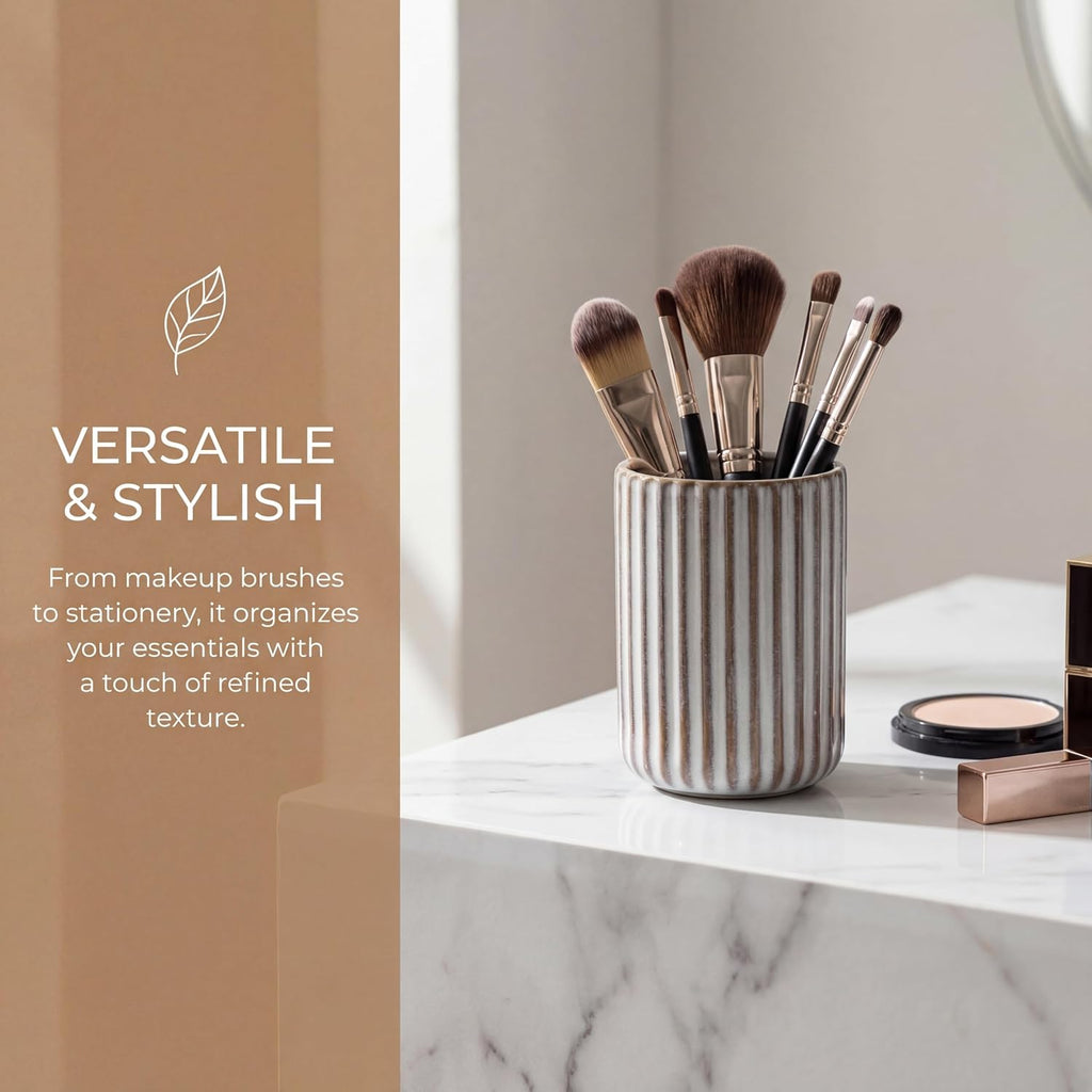 Ceramic Pen Holder with Vertical Groove Design, Desk Pen Pencil Cup for Office, Multipurpose Ceramic Cup for Pens, Pencils, Makeup Brushes, Small Ceramic Vase, Fish Belly White Fluted Surface
