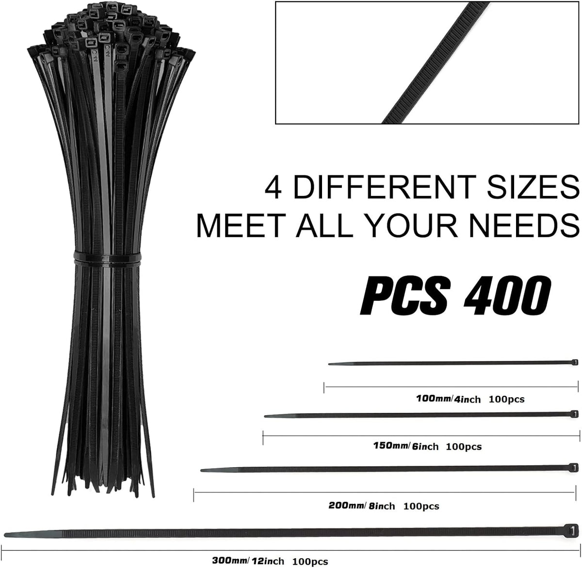 Cable Zip Ties,400 Pack Black Assorted Sizes 12+8+6+4 Inch,Multi-Purpose Self-Locking Nylon Cable Cord Management,Plastic Wire Ties for Home,Office,Garden,Workshop. By HAVE ME TD