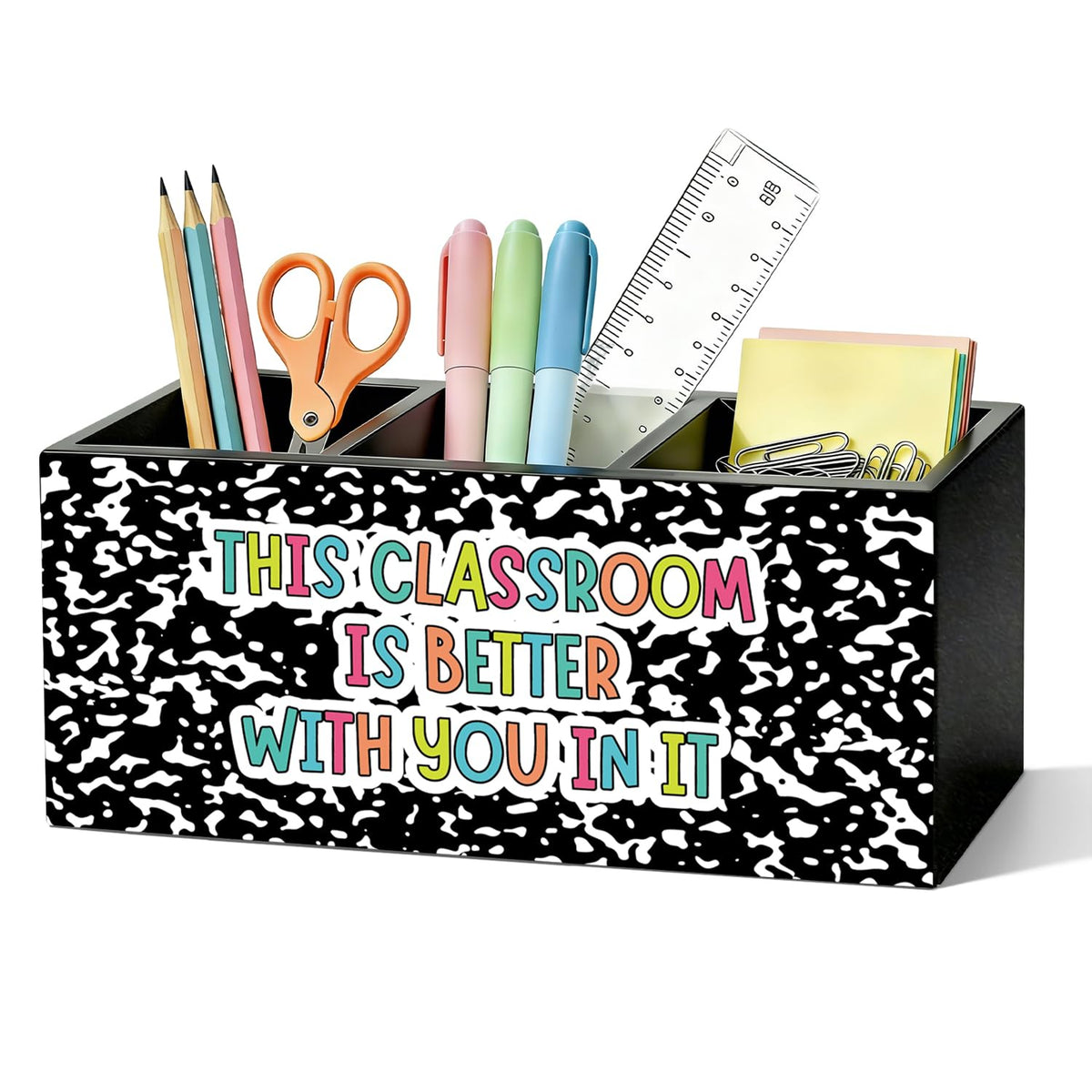 Boho Classroom Pen Organizer for Desk, Wooden Pen Holder, Classroom Pencil Holder, We Can Do Hard Things Motivational Organizer for Kids Room Desk Accessories Tabletop Decorations