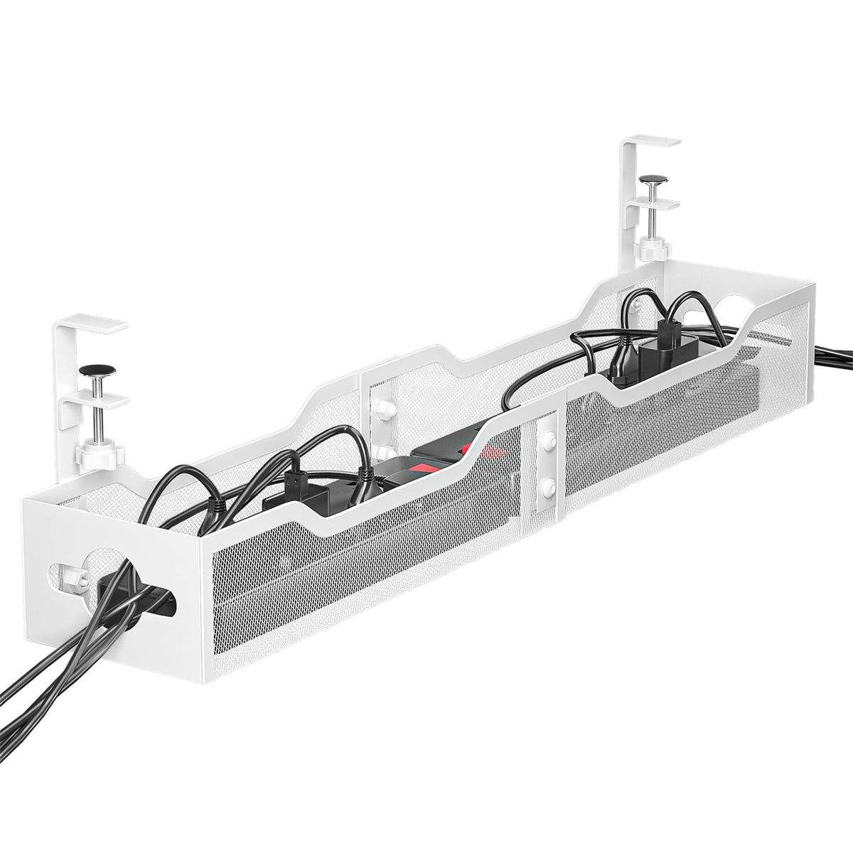 Under Desk Cable Management Tray No Drill, Metal Mesh Cable Management Under Desk with Clamp Mount, 2 Hole Cable Tray with Wire Management and Cord Organizer for Home Office Standing Desk