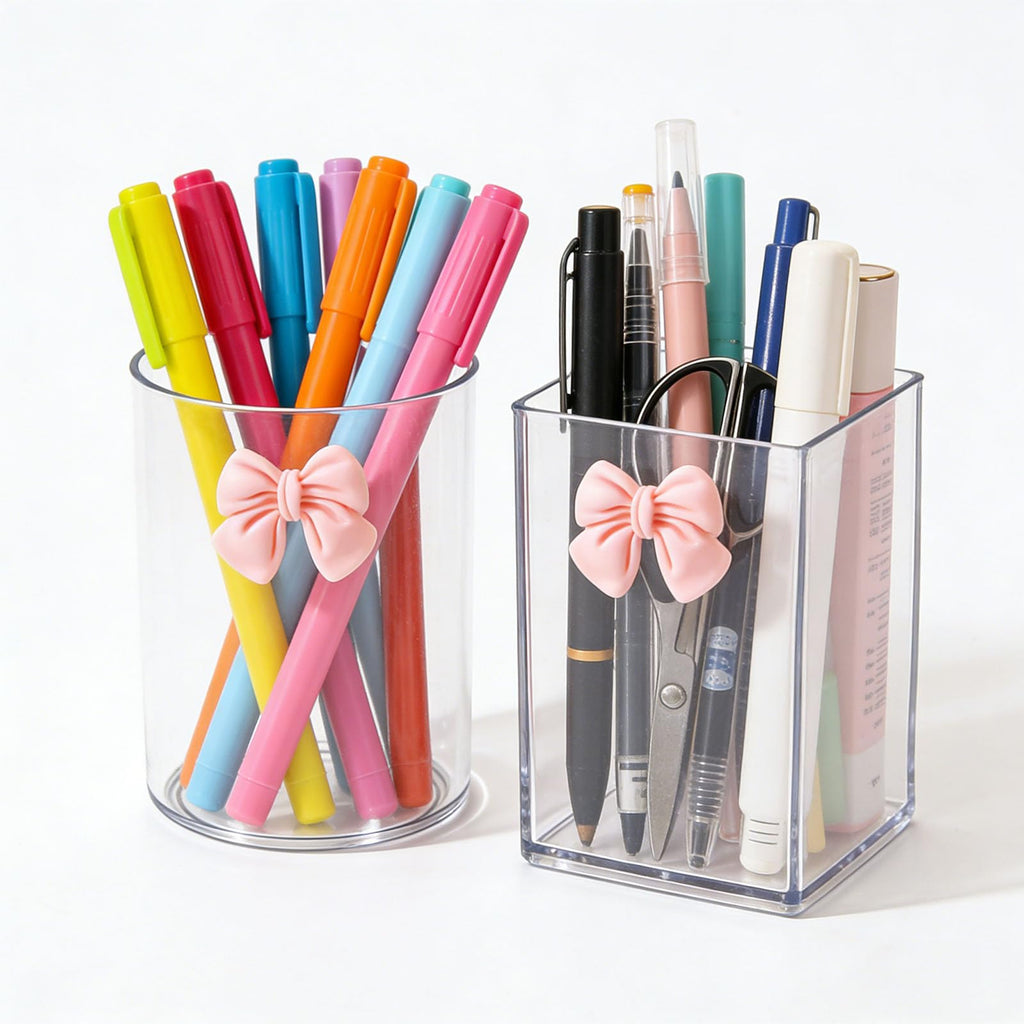2 Pack Pen Pencil Holder for Desk, Acrylic Desk Organizer with Bow Clear Makeup Brush Holder Cup Desktop Stationery for Office School (Transparent+Beige)