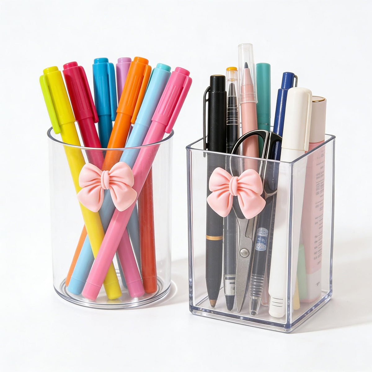 2 Pack Pen Pencil Holder for Desk, Acrylic Desk Organizer with Bow Clear Makeup Brush Holder Cup Desktop Stationery for Office School (Transparent+Beige)