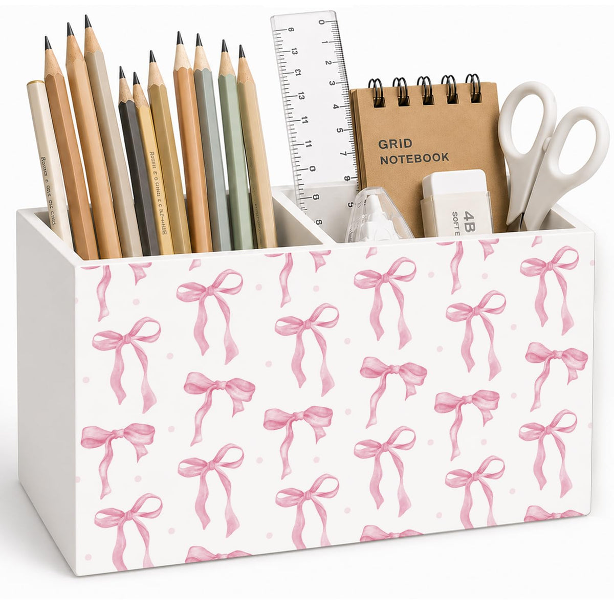 Lacama Spring Tulip Floral Pen Pencil Holder for Desk, Tulip Flower Botanical Sage Green Floral Pretty Cottagecore Pencil Holders Wooden Box Organizer for Home Office Bedroom Desk Tabletop