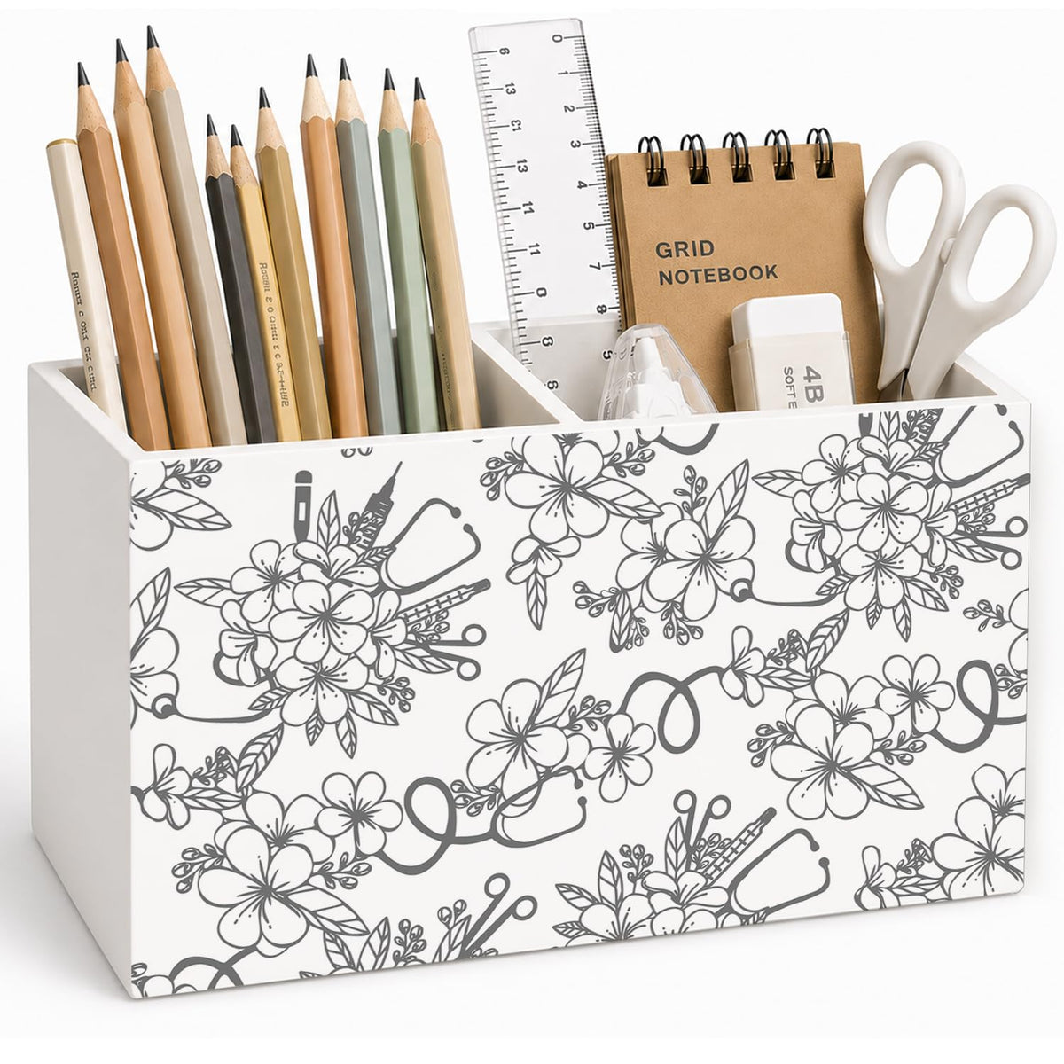 Lacama Spring Tulip Floral Pen Pencil Holder for Desk, Tulip Flower Botanical Sage Green Floral Pretty Cottagecore Pencil Holders Wooden Box Organizer for Home Office Bedroom Desk Tabletop