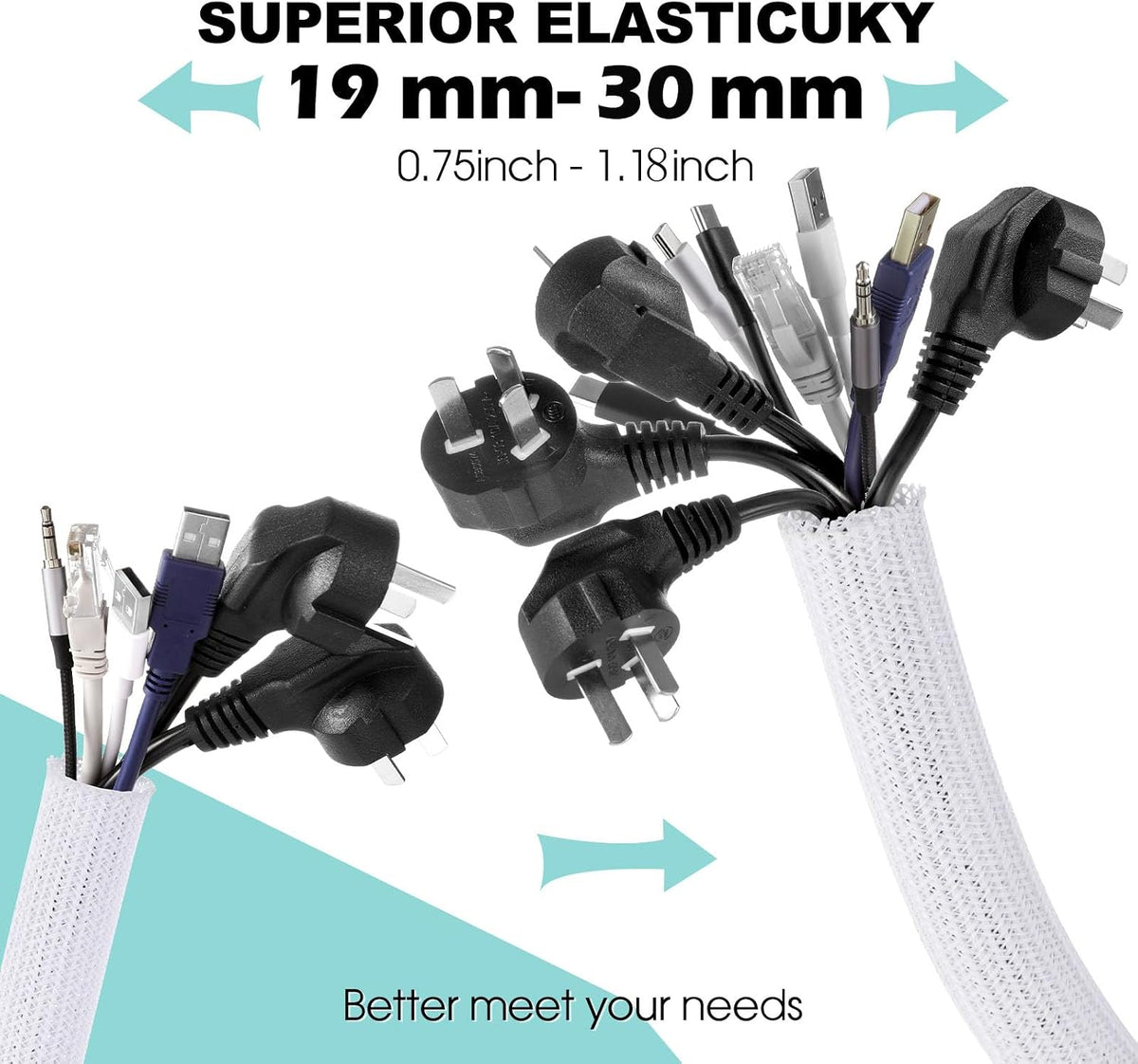AGPTEK White Cable Management Sleeve, 2 Pack 5ft - 1.2 inch Cord Hider