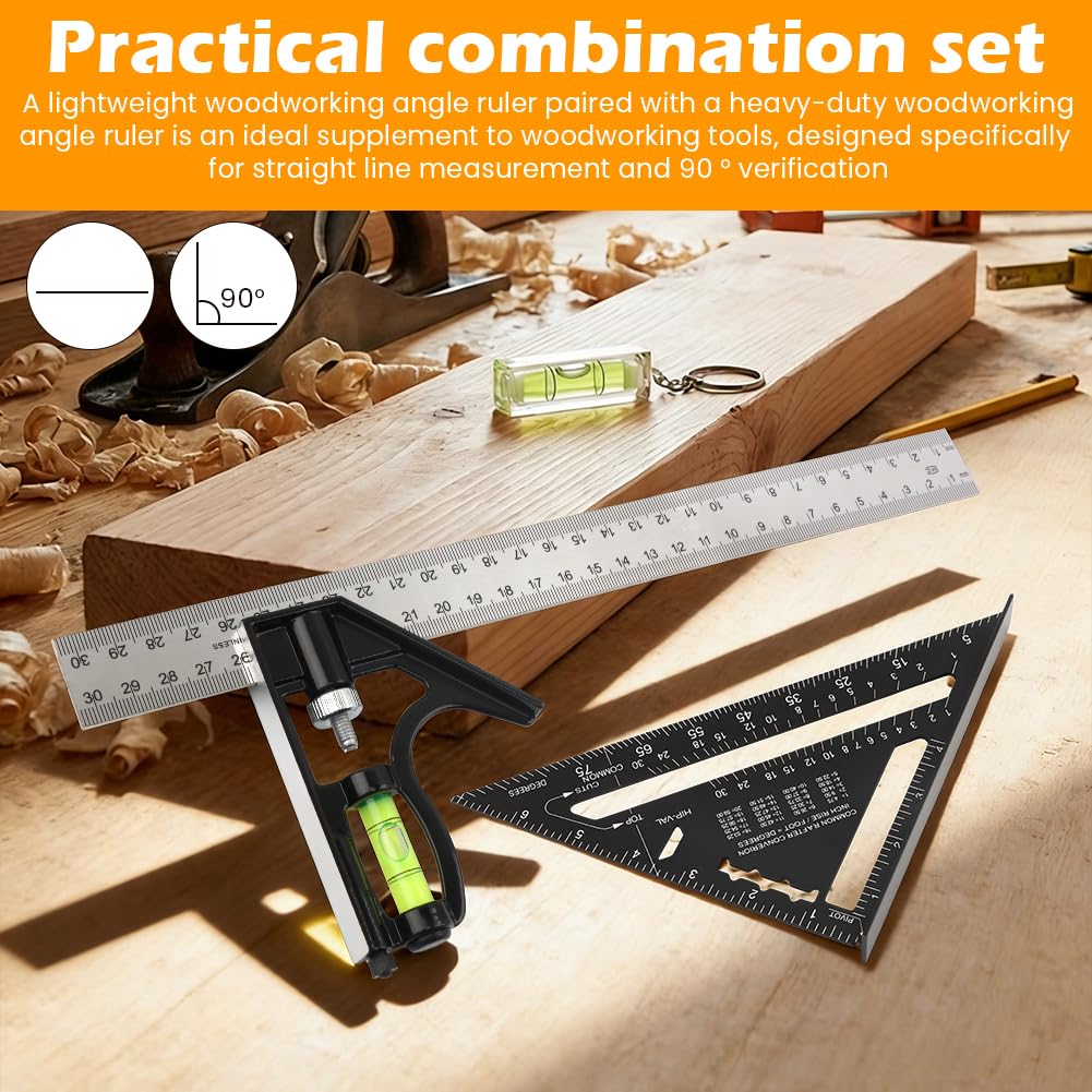 7 Inch Rafter Square & Combination Square Set, Aluminum Alloy Carpenter Square Tool with Dual-Sided Markings, Mini Woodworking Layout Ruler with Small Level for Home DIY Household Repairs