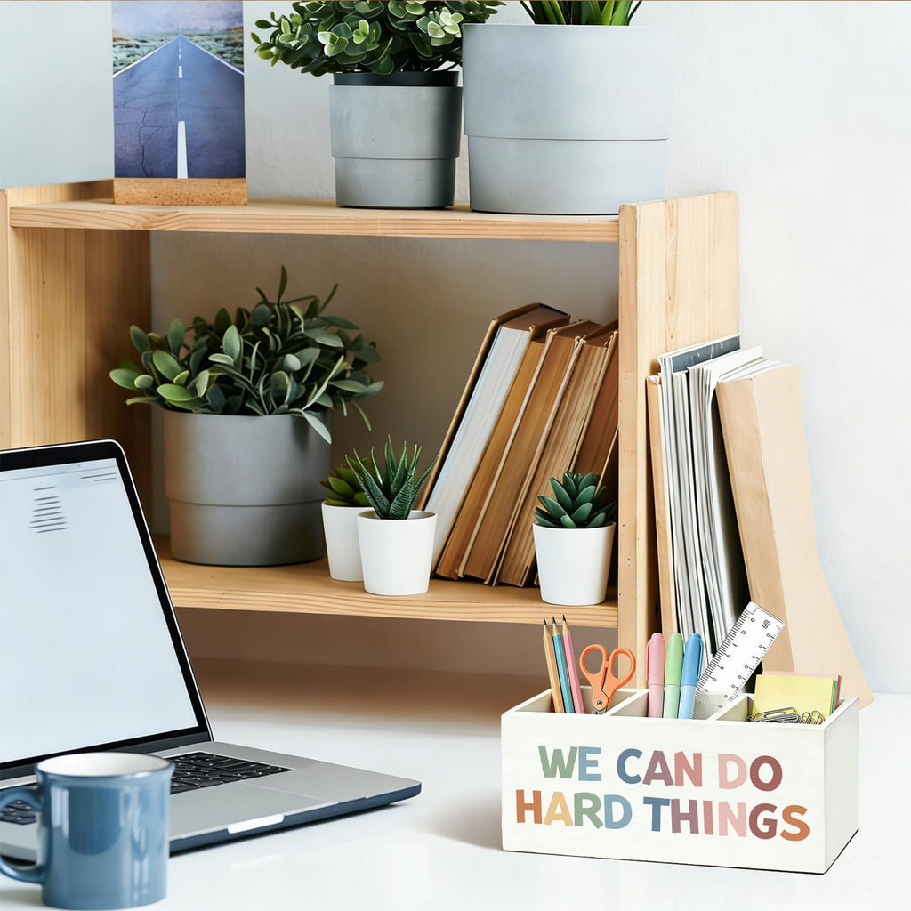 Boho Classroom Pen Organizer for Desk, Wooden Pen Holder, Classroom Pencil Holder, We Can Do Hard Things Motivational Organizer for Kids Room Desk Accessories Tabletop Decorations