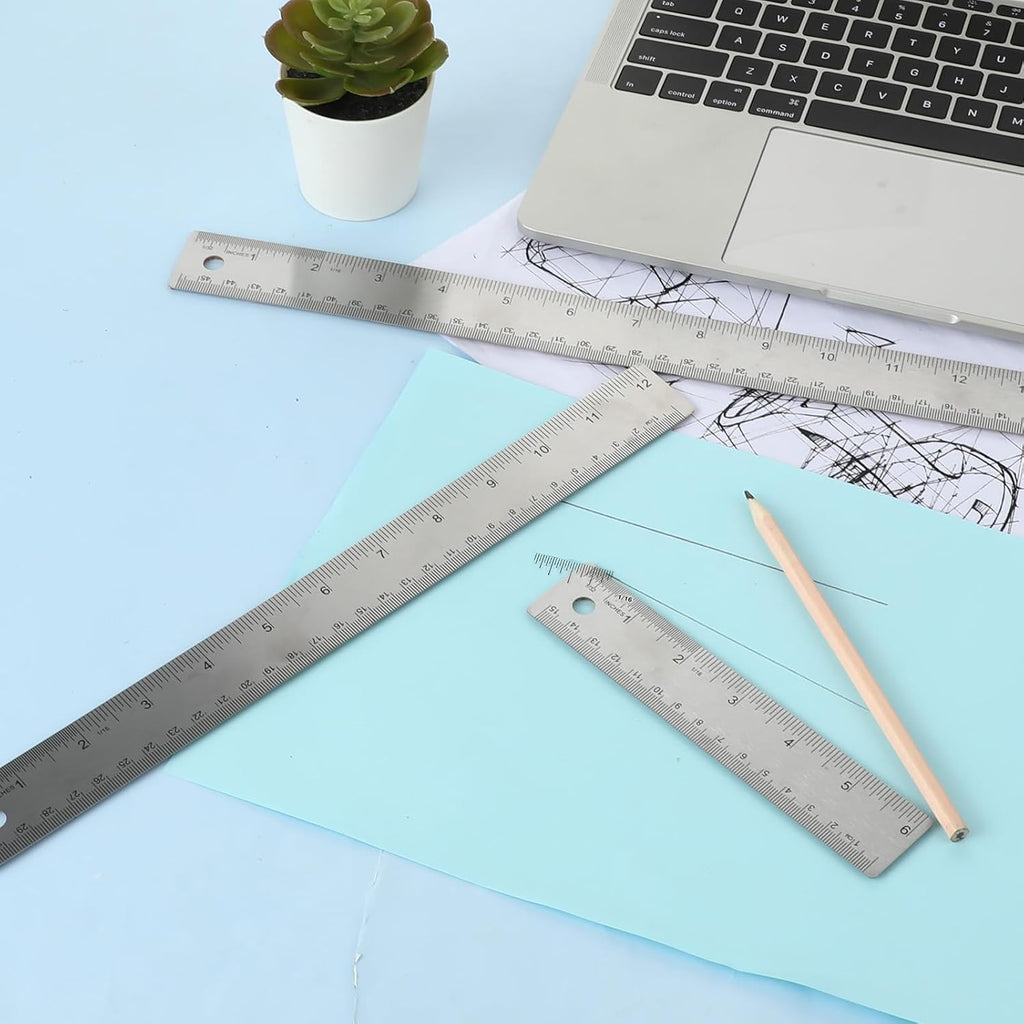 Metal Ruler with Cork Backing 6+12+18 Inch Stainless Steel Metal Ruler Non-Slip Rulers with Inch and Centimeters Straight Edge Cork Base Rulers for Drafting Office Tools, Prevent Ink Leakage