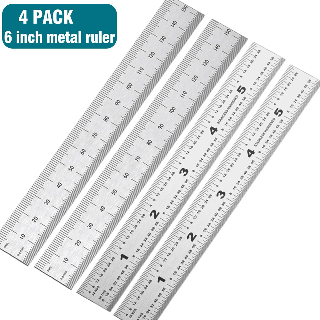 6 Inch Machinist Ruler, 4-Pack Stainless Steel Precision Scale Ruler with Inch/Metric Etched Markings, Dual Side Measuring Rule for Engineers, Drafting, Woodworking