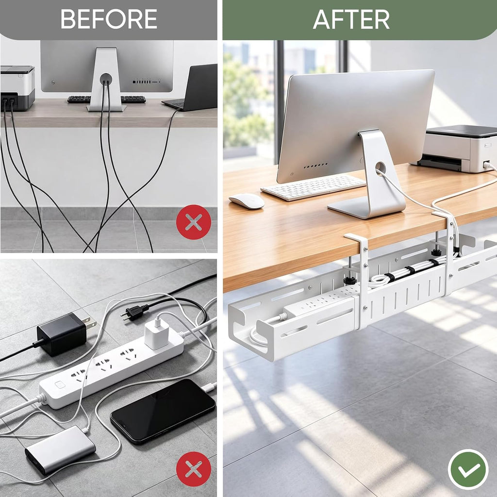 Under Desk Cable Management Tray, Expandable 25.2-38.6 Inch,White