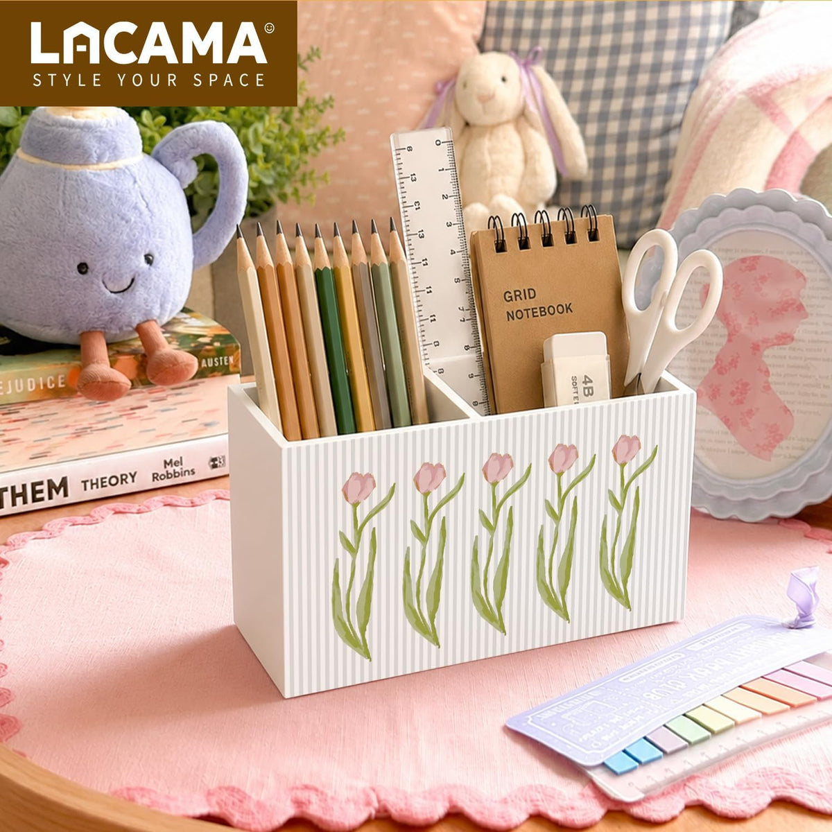 Lacama Spring Tulip Floral Pen Pencil Holder for Desk, Tulip Flower Botanical Sage Green Floral Pretty Cottagecore Pencil Holders Wooden Box Organizer for Home Office Bedroom Desk Tabletop