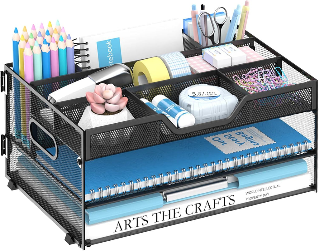DALTACK 3 Tier Desk Organizer with Pen Holders and Paper Trays, Black