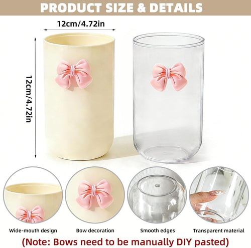 2 Pack Pen Pencil Holder for Desk, Acrylic Desk Organizer with Bow Clear Makeup Brush Holder Cup Desktop Stationery for Office School (Transparent+Beige)