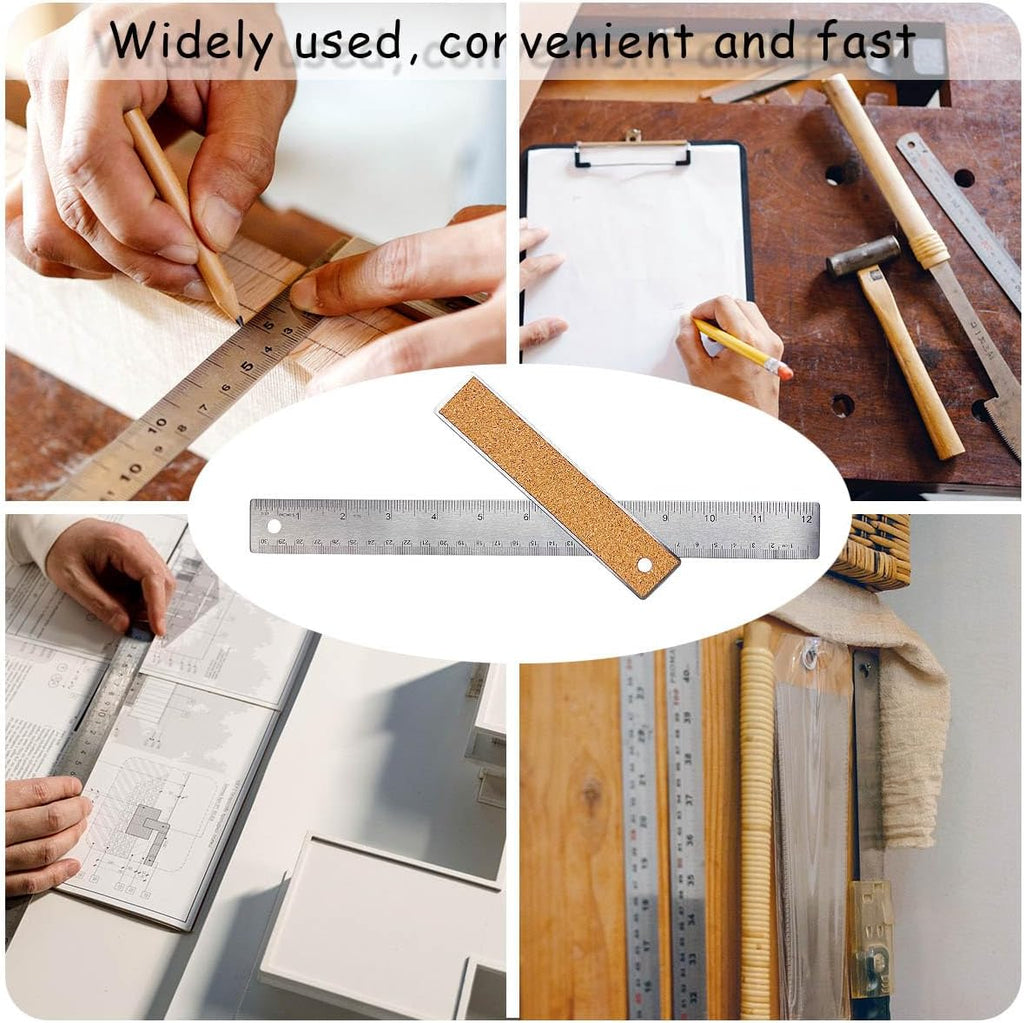 Metal Ruler 6 Inch 12 Inch Stainless Steel Metal Ruler with Cork Backing, Non-Slip Rulers with Inch and Centimeters, Straight Edge Cork Base Rulers for Student School Office Drafting Tools