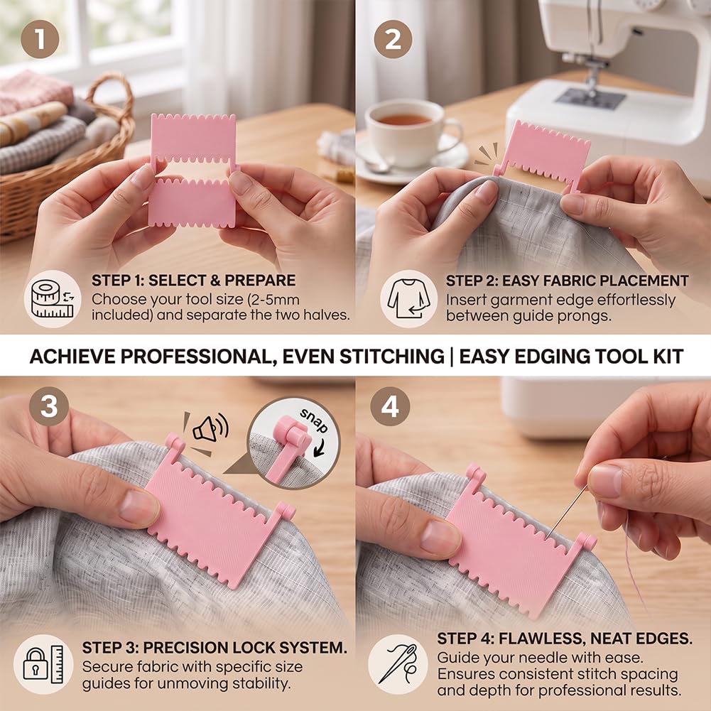 3Pcs Clip-On Sewing Ruler Set-Edge Stitch Lock&Sewing Gauge (3,4,5mm,Pink)