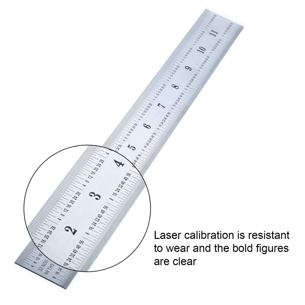 2 Pack Stainless Steel Ruler Machinist Engineer Metric Ruler with Markings 1/8, 1/16, 1/32, 1/64 Inch for Engineering, School, Office, Architect, and Drawing