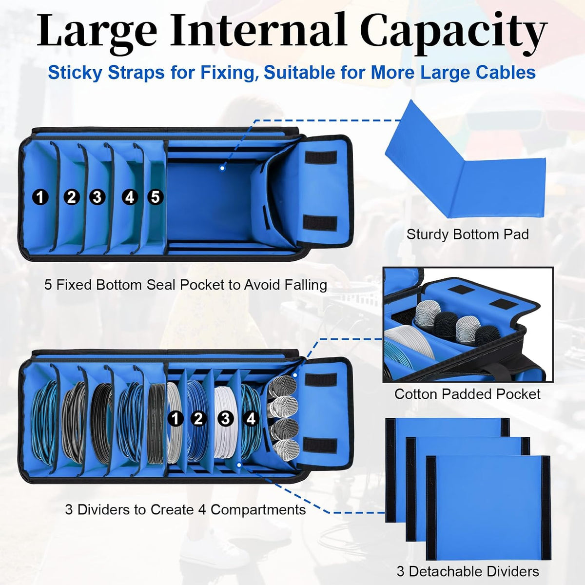 Large Dj Cable Bag with Detachable Dividers, Bottom Pad