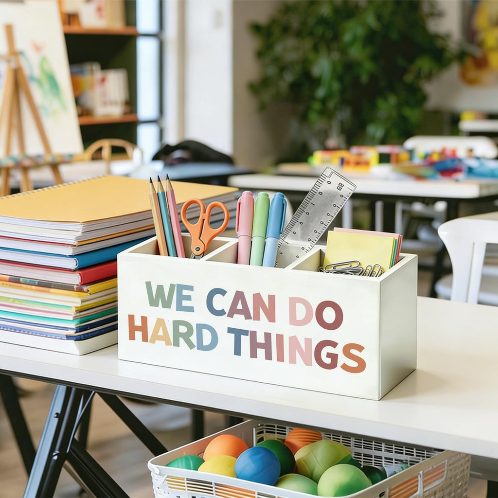 Boho Classroom Pen Organizer for Desk, Wooden Pen Holder, Classroom Pencil Holder, We Can Do Hard Things Motivational Organizer for Kids Room Desk Accessories Tabletop Decorations