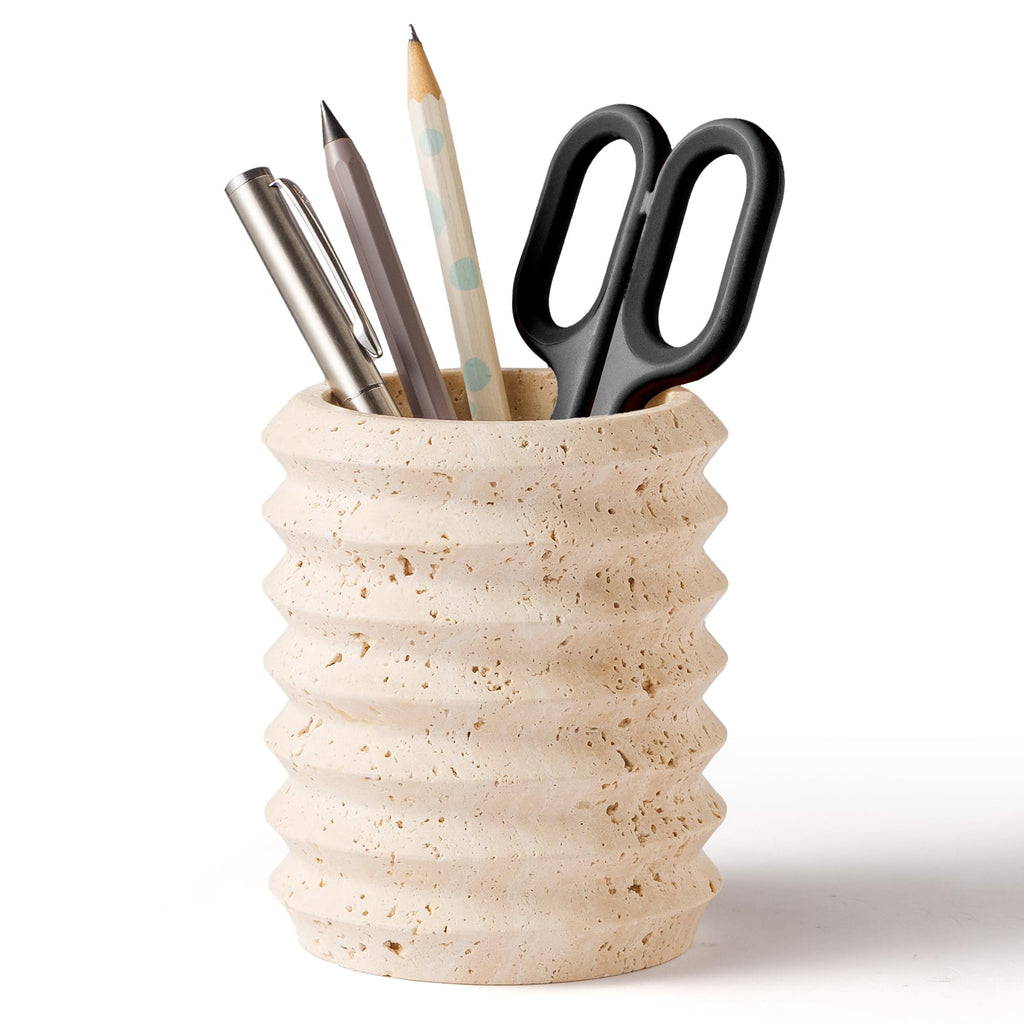 Natural Marble Pen Holder for Desk, Handcrafted Sturdy Desk Organizer with Anti-Slip Base 3.1” x 4.3” – Unique Stone Craft for Office Supplies, Makeup Brushes & Home Decor Grey (WH077)