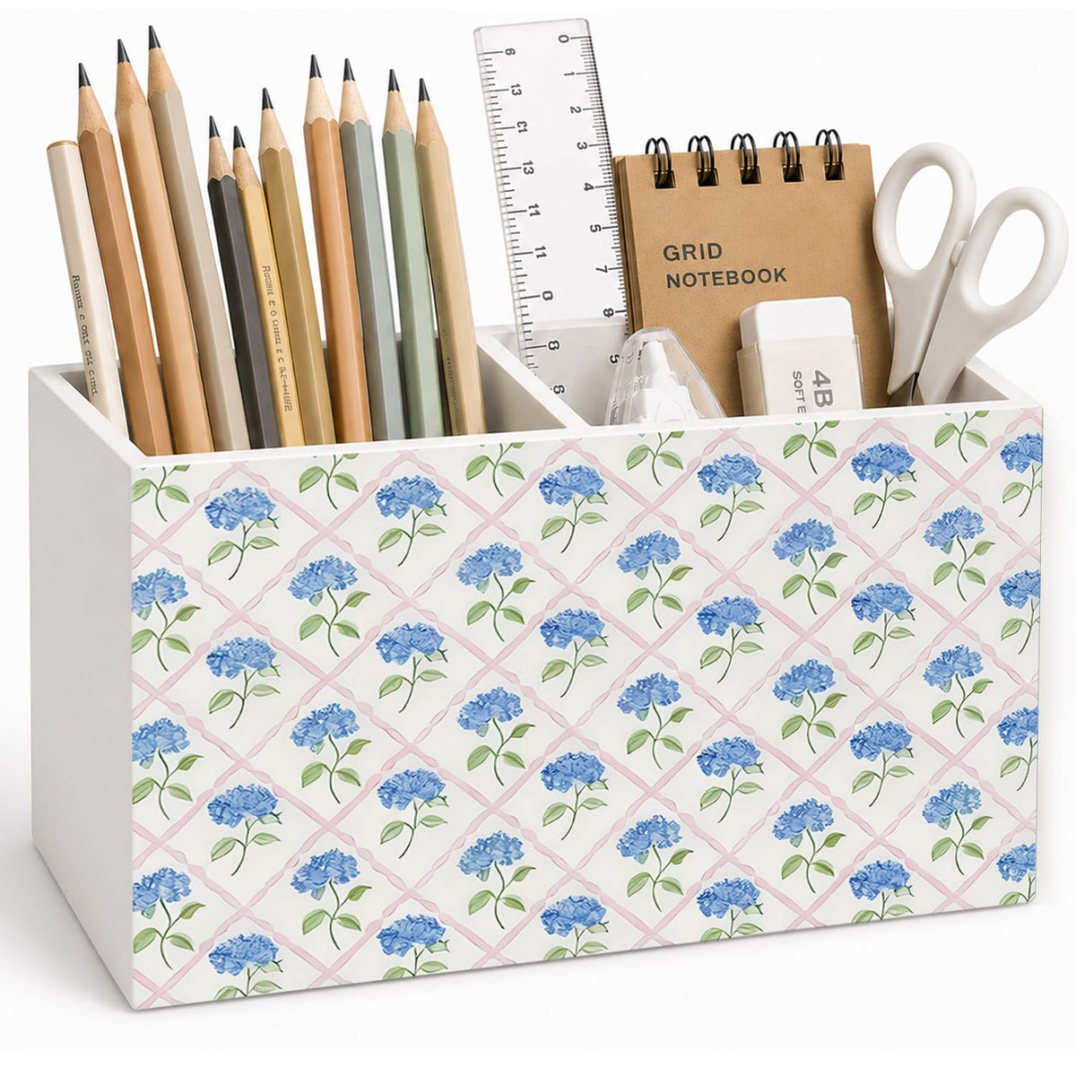 Lacama Spring Tulip Floral Pen Pencil Holder for Desk, Tulip Flower Botanical Sage Green Floral Pretty Cottagecore Pencil Holders Wooden Box Organizer for Home Office Bedroom Desk Tabletop