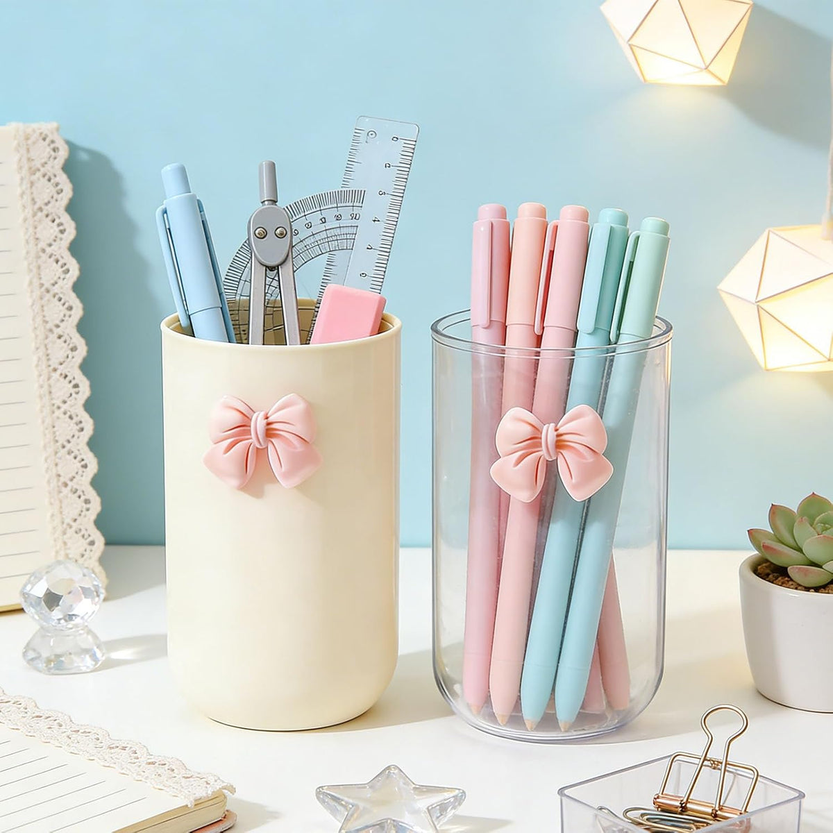 2 Pack Pen Pencil Holder for Desk, Acrylic Desk Organizer with Bow Clear Makeup Brush Holder Cup Desktop Stationery for Office School (Transparent+Beige)