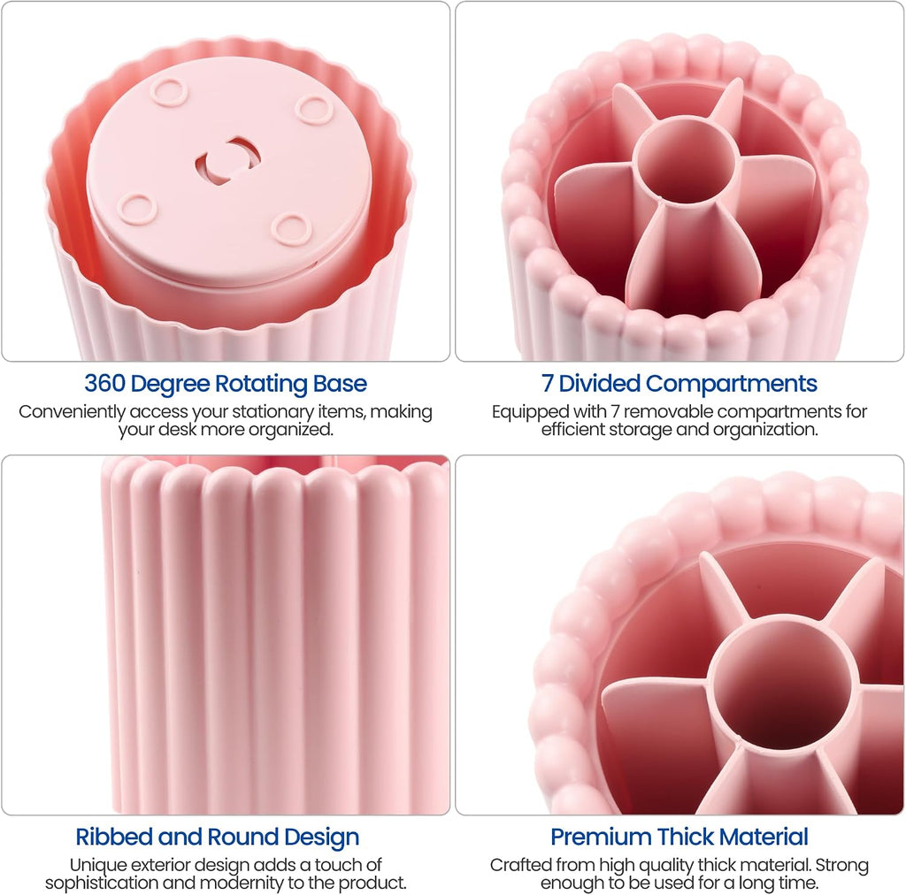 Desk Organizer, 360° Rotating Pen Holder for Desk, Pencil Cup with 7 Compartments Storage Box Caddy for Kids, Office, School, Home (Pink)