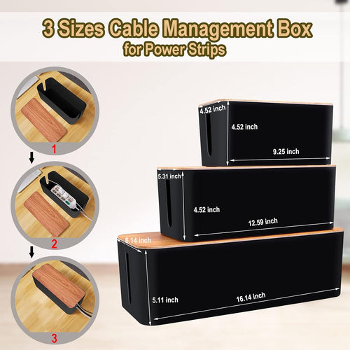 128PCS Cable Management Box 3Pack Cable Management Kit for Power Strip to Hide Wires,Cord Hider Boxes,Cord Box Safe ABS Material Wire Organizer of Cable Clips Sleeve for Home & Office, Black