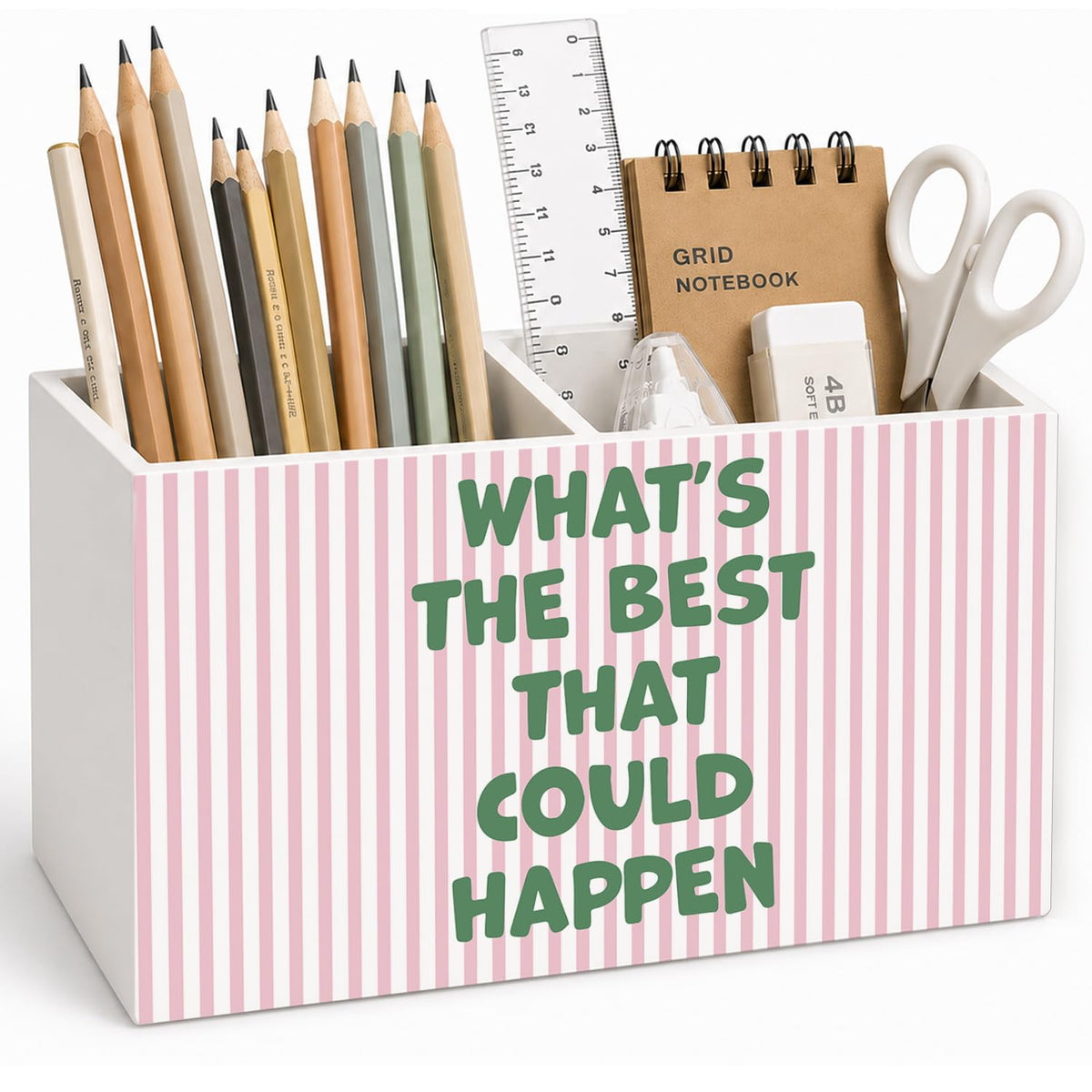 Lacama Spring Tulip Floral Pen Pencil Holder for Desk, Tulip Flower Botanical Sage Green Floral Pretty Cottagecore Pencil Holders Wooden Box Organizer for Home Office Bedroom Desk Tabletop