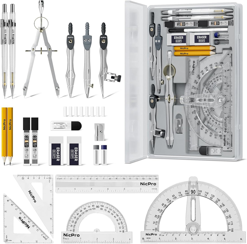 Nicpro 22 PCS Compass Geometry Tools with Case, Drafting Tool Geometry Set