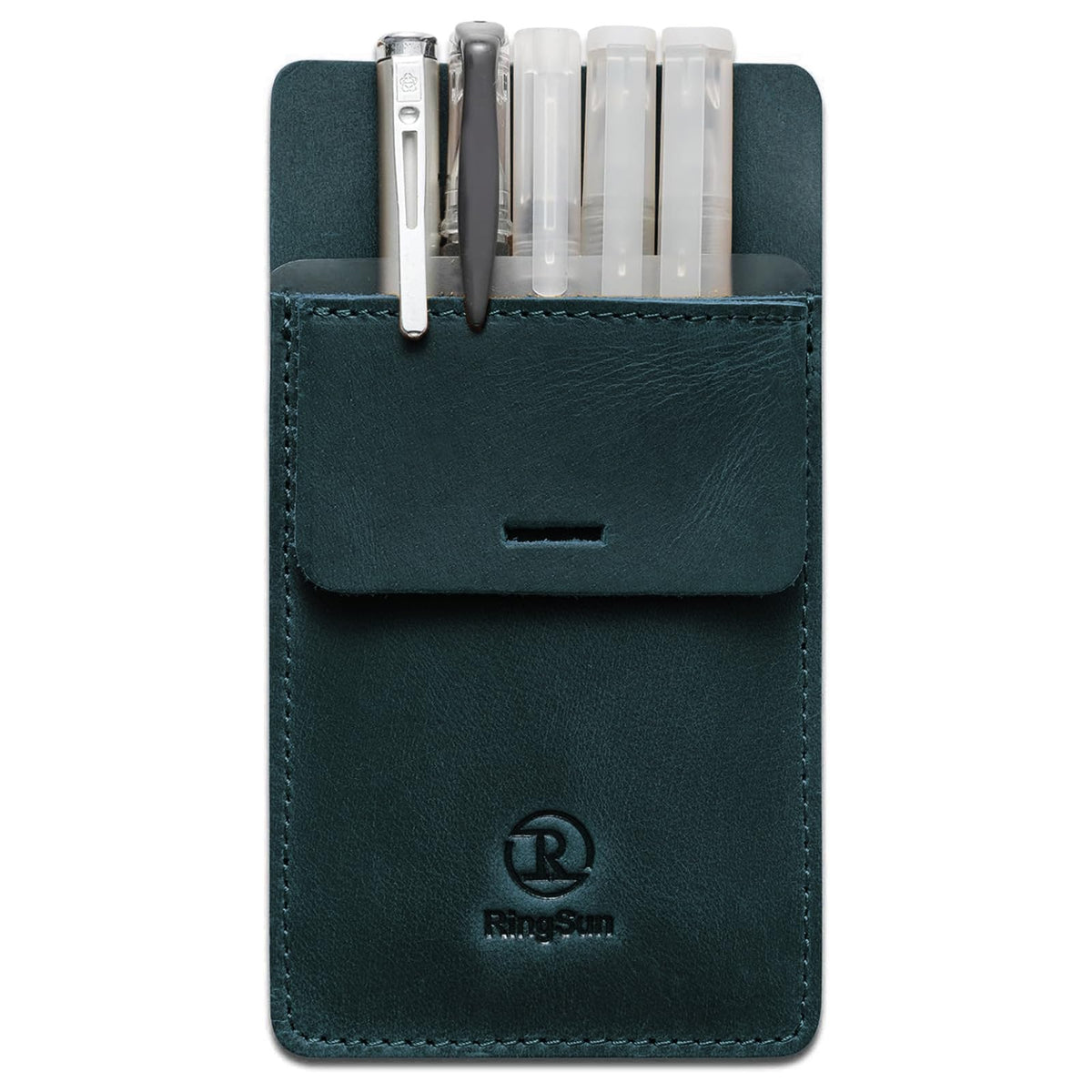 Ringsun Men's Pocket Protector - Full Grain Leather - Heavy Duty Pen Holder for Shirts, Lab Coats - Holds 6 Pens & Pointers & Cards