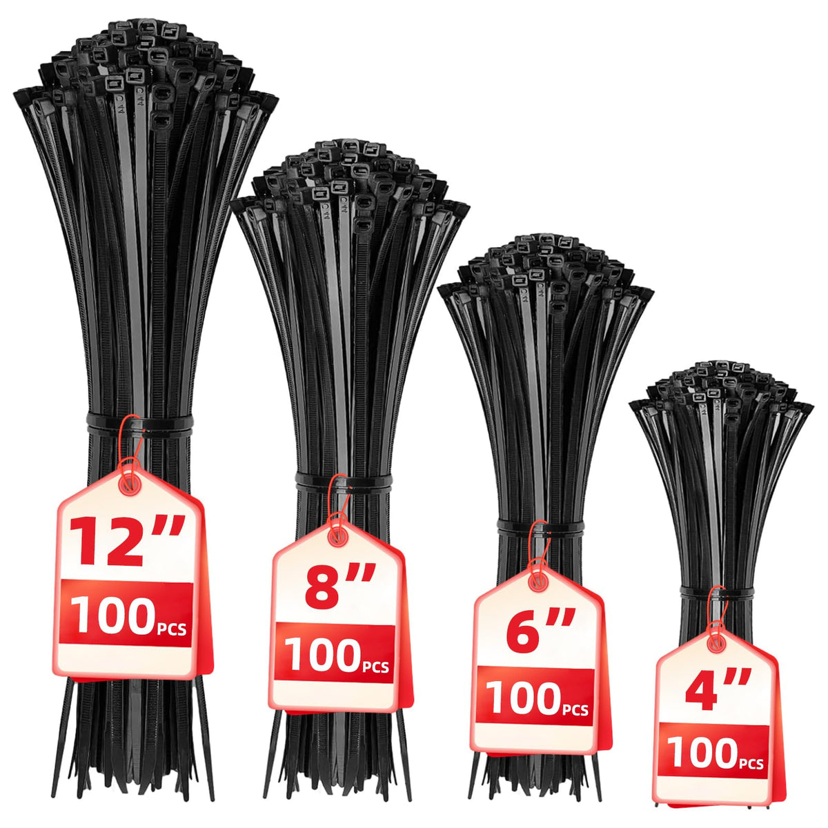 Cable Zip Ties,400 Pack Black Assorted Sizes 12+8+6+4 Inch,Multi-Purpose Self-Locking Nylon Cable Cord Management,Plastic Wire Ties for Home,Office,Garden,Workshop. By HAVE ME TD