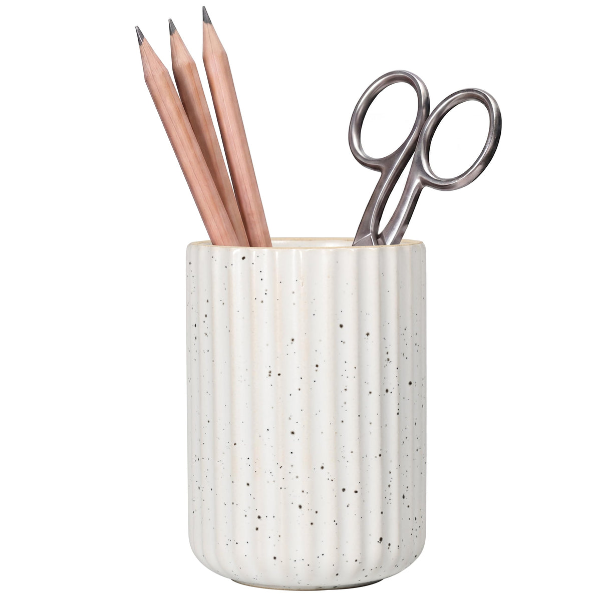 Ceramic Pen Holder with Vertical Groove Design, Desk Pen Pencil Cup for Office, Multipurpose Ceramic Cup for Pens, Pencils, Makeup Brushes, Small Ceramic Vase, Fish Belly White Fluted Surface