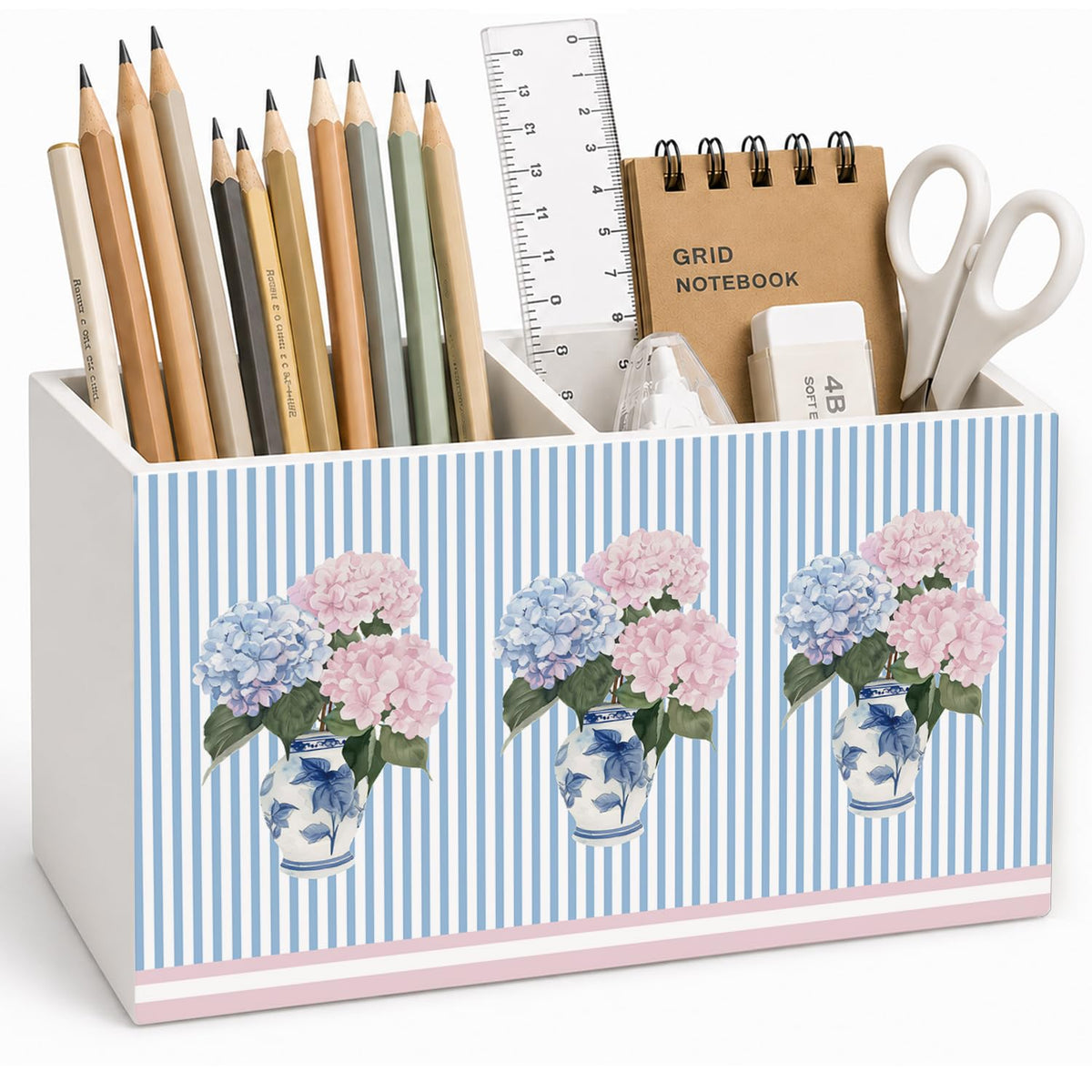 Lacama Spring Tulip Floral Pen Pencil Holder for Desk, Tulip Flower Botanical Sage Green Floral Pretty Cottagecore Pencil Holders Wooden Box Organizer for Home Office Bedroom Desk Tabletop