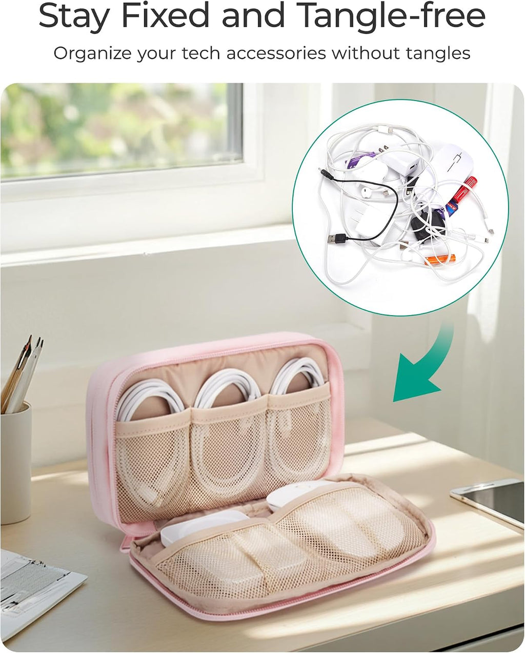 BAGSMART Electronics Organizer Travel Case for Cords Chargers Phones, Pink