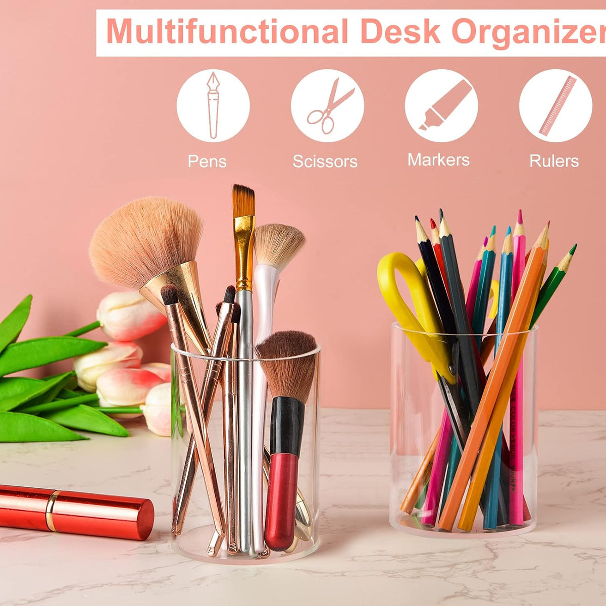 4 Pieces Clear Acrylic Pen Holder Round Acrylic Pencil Cup Clear Makeup Bush Holder Acrylic Desktop Stationery Organizer for Office School Home Desk Accessories (4 Pack, Round)