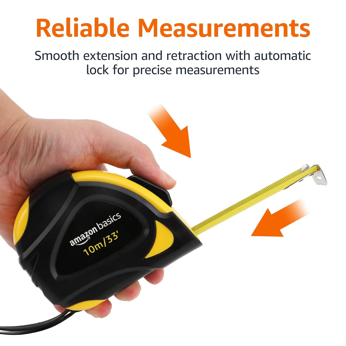 Amazon Basics Self-Locking Tape Measure with Belt Clip, 33 feet (10 m), Inch/Metric Scale, MID Accuracy, Black, Yellow