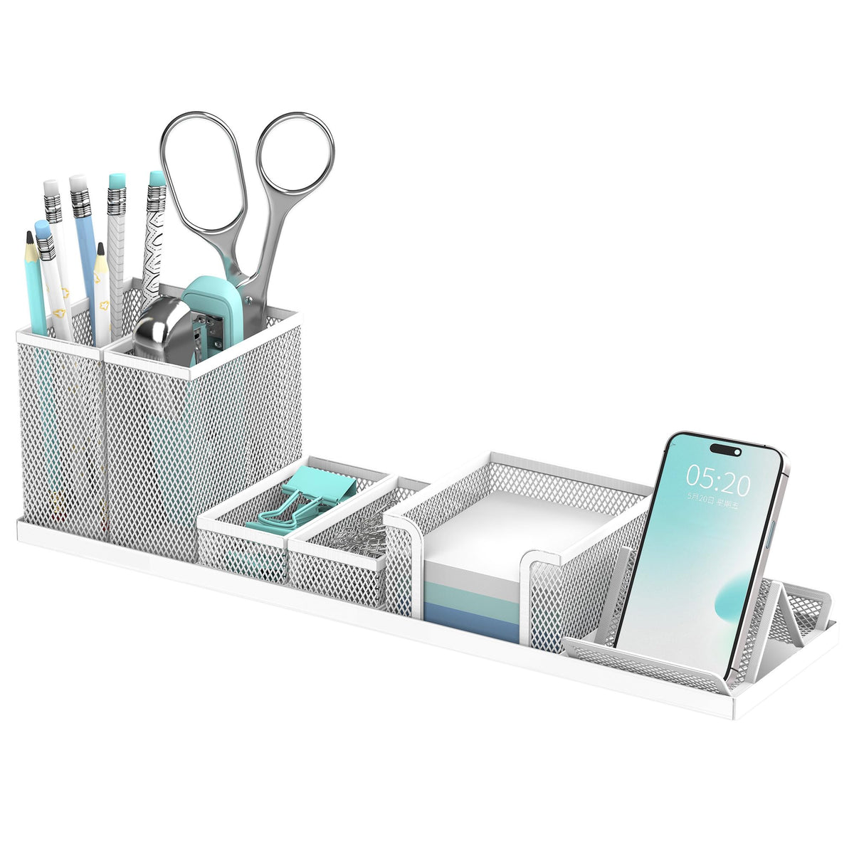 Pen Holder for Desk, 6-Piece Mesh Desk Organizer with Phone Holder, Black