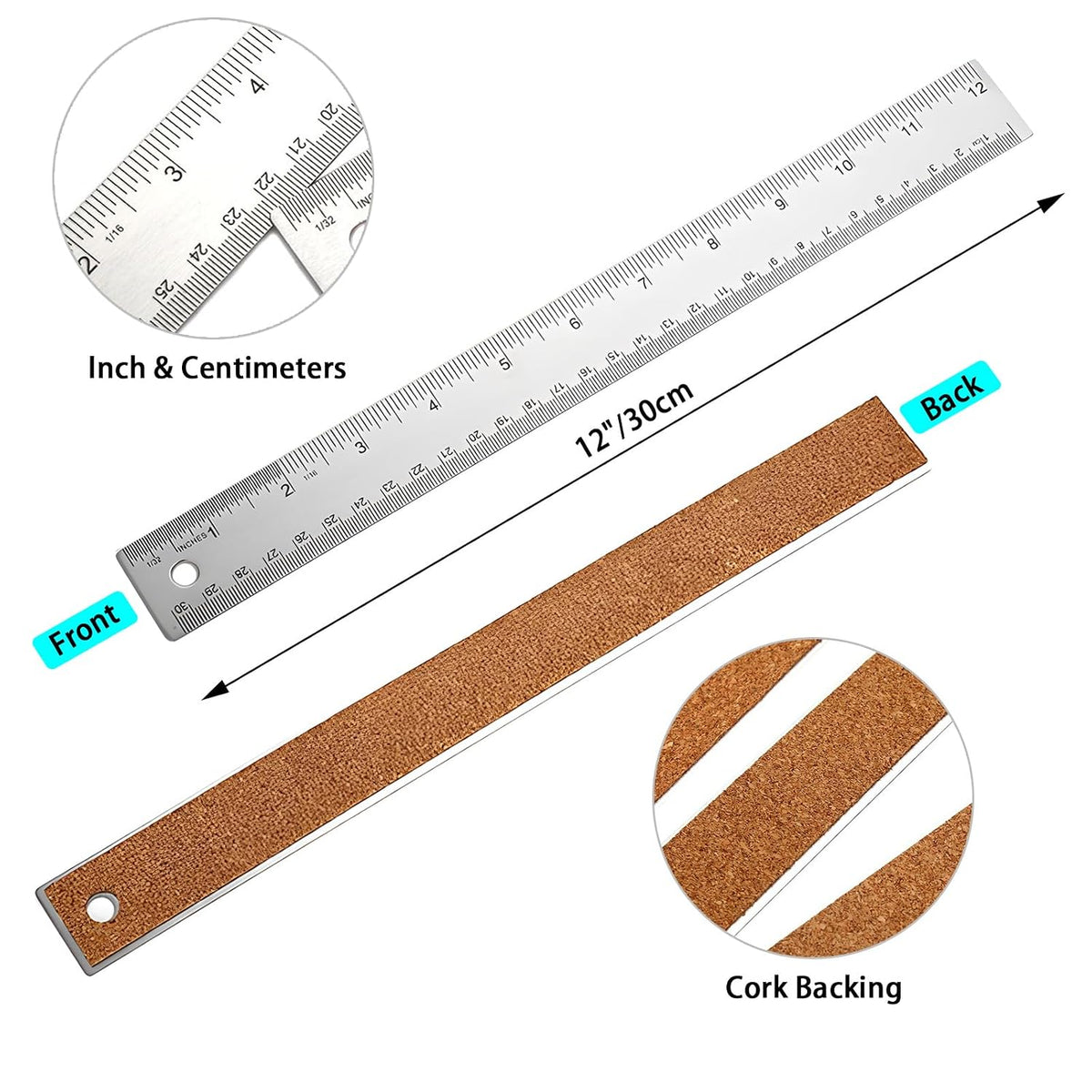 4PCS 12" Metal Ruler, Imperial & Metric, Stainless Steel with Cork Backing