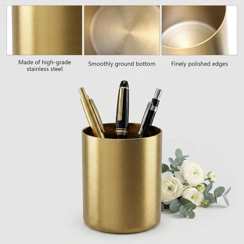 Pen Holder for Desk Gold Pen Holder Makeup Brush Holders Stainless Steel Pens Stand Round Desktop Organizer Pens Pot Cup Office and Vanity Desk Accessory for Office Home Decor Organizer