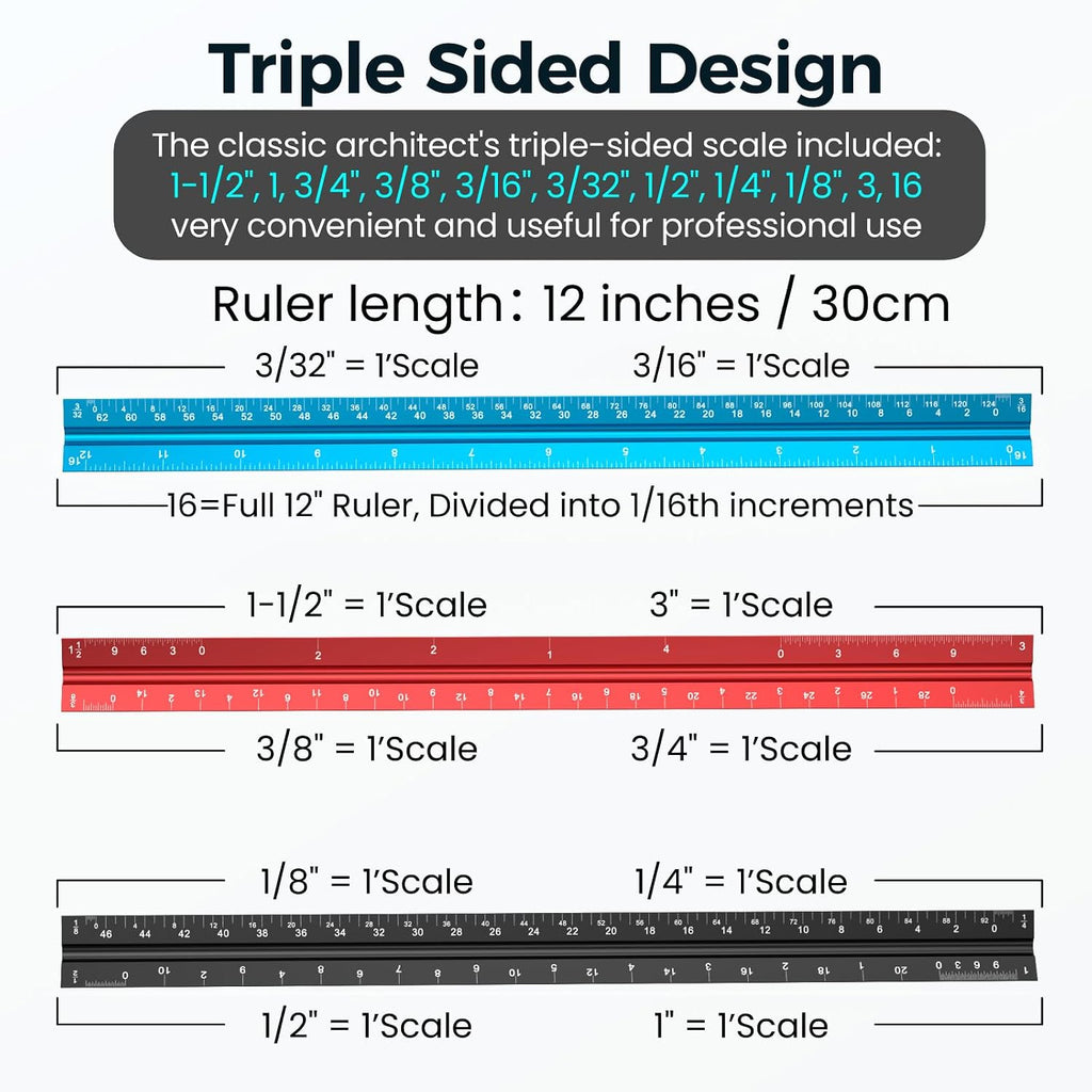 Rena Chris Architectural Scale Ruler: 12" Imperial Aluminum Alloy Metal Architecture Measuring Tools, Engineering Drafting Construction Drawing Blueprints Triangular Architect Scaling Rulers 12 Inches