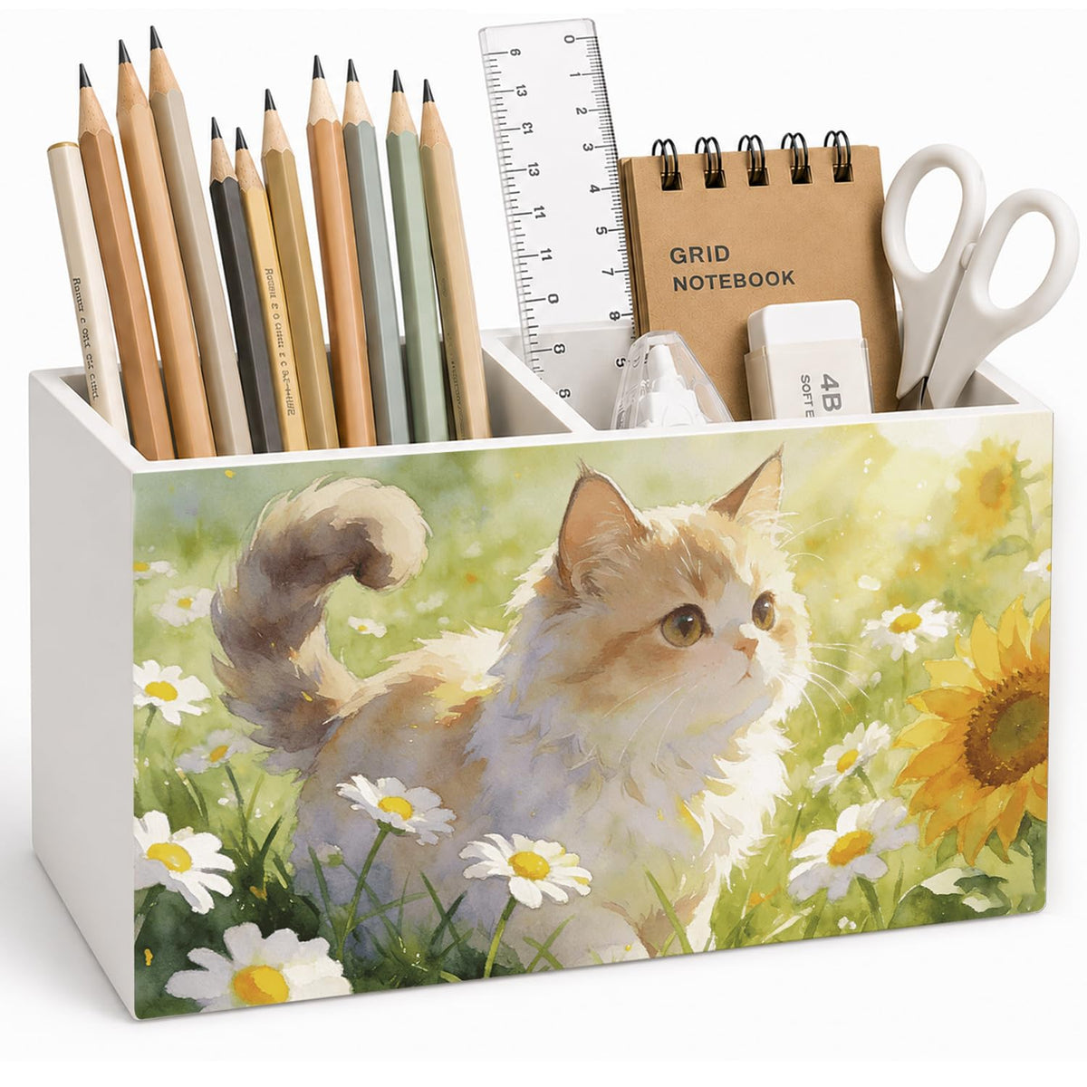 Lacama Spring Tulip Floral Pen Pencil Holder for Desk, Tulip Flower Botanical Sage Green Floral Pretty Cottagecore Pencil Holders Wooden Box Organizer for Home Office Bedroom Desk Tabletop