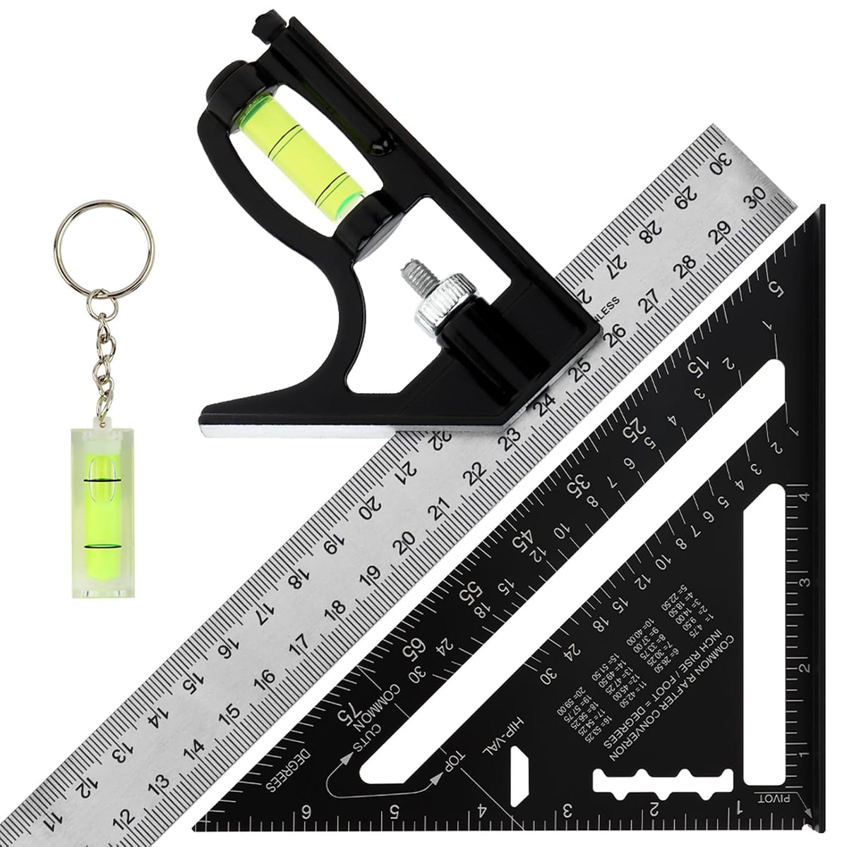 7 Inch Rafter Square & Combination Square Set, Aluminum Alloy Carpenter Square Tool with Dual-Sided Markings, Mini Woodworking Layout Ruler with Small Level for Home DIY Household Repairs