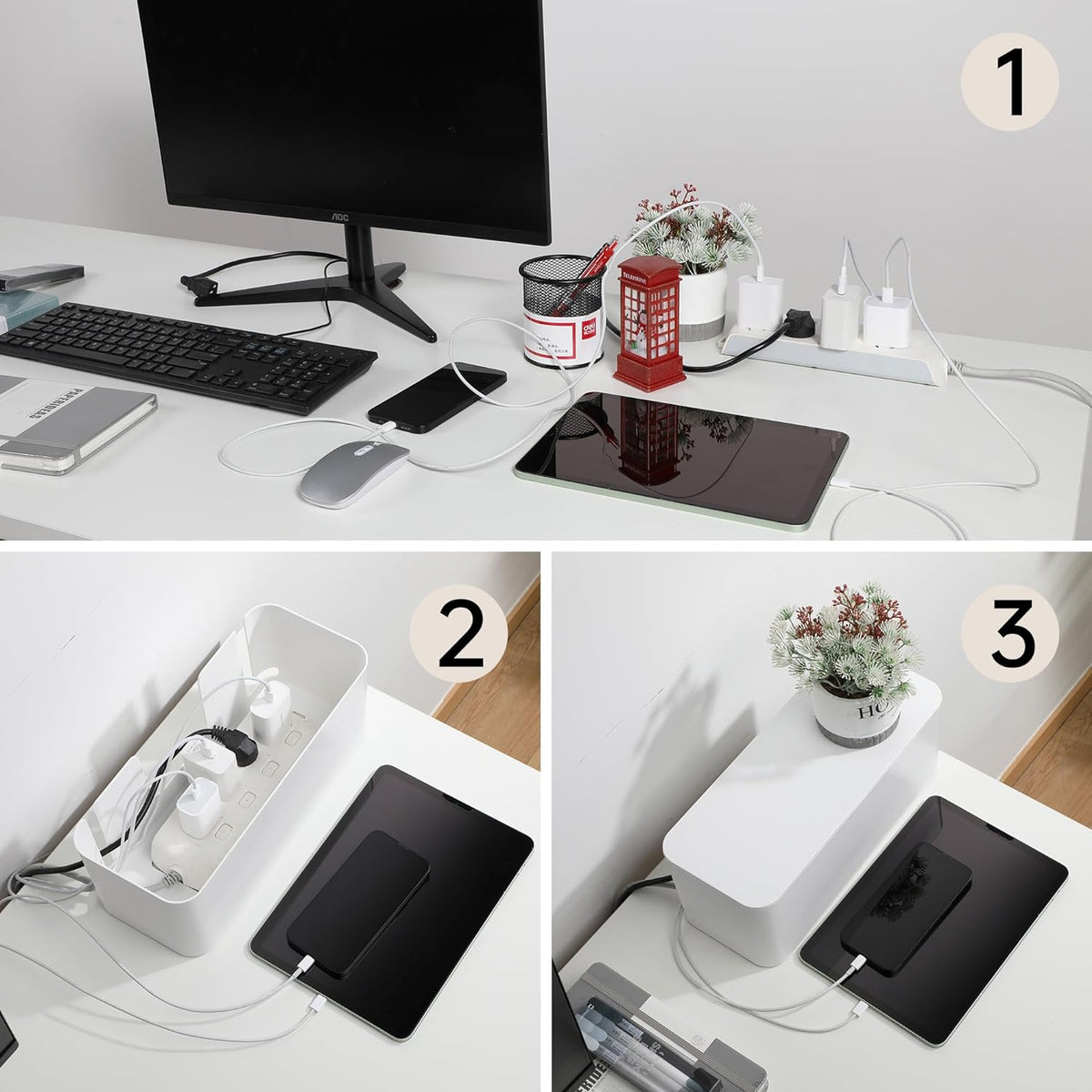YECAYE Cable Management Box, White, XL+M, 2 Pack