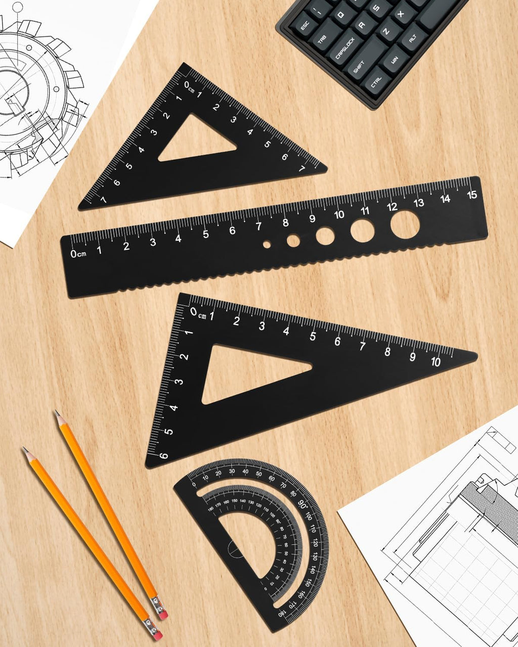 Honagu Triangular Ruler Set, 4 Pieces Aluminum Alloy Ruler, Metal Drafting Ruler, Geometric Protractor for Students, Draftsmen, Engineers, School Office Supplies (Black)
