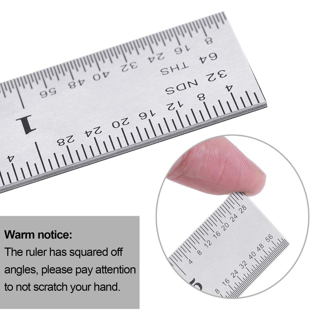 2 Pack Stainless Steel Ruler Machinist Engineer Metric Ruler with Markings 1/8, 1/16, 1/32, 1/64 Inch for Engineering, School, Office, Architect, and Drawing