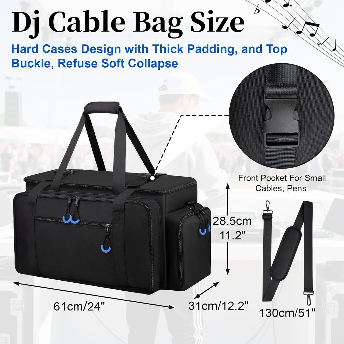 Large Dj Cable Bag with Detachable Dividers, Bottom Pad