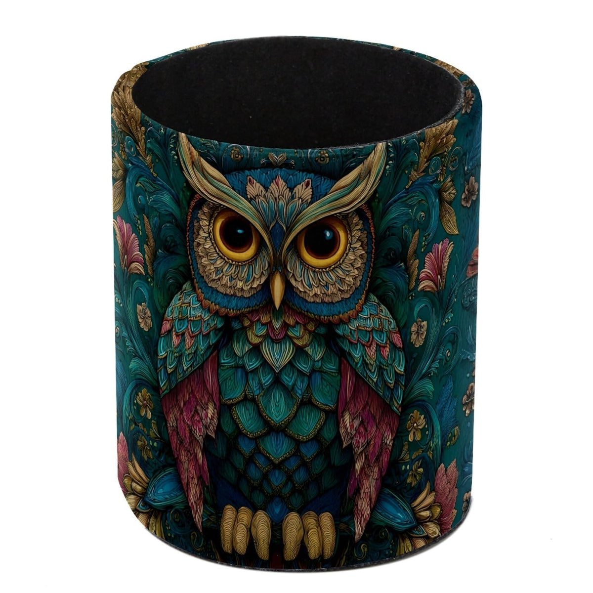Vintage Owl and Flower Leather Pen Holder for Desk, Multifunctional Desktop Organizer Pencil Cup, Desktop Caddy Stationery Organizer for School Home Office Desk Accessories